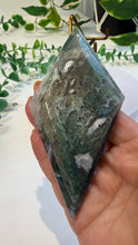 Load image into Gallery viewer, Moss Agate Double Diamond on Stand
