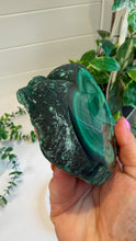 Load image into Gallery viewer, Natural Malachite with Part Polished Front on Custom Black Stand

