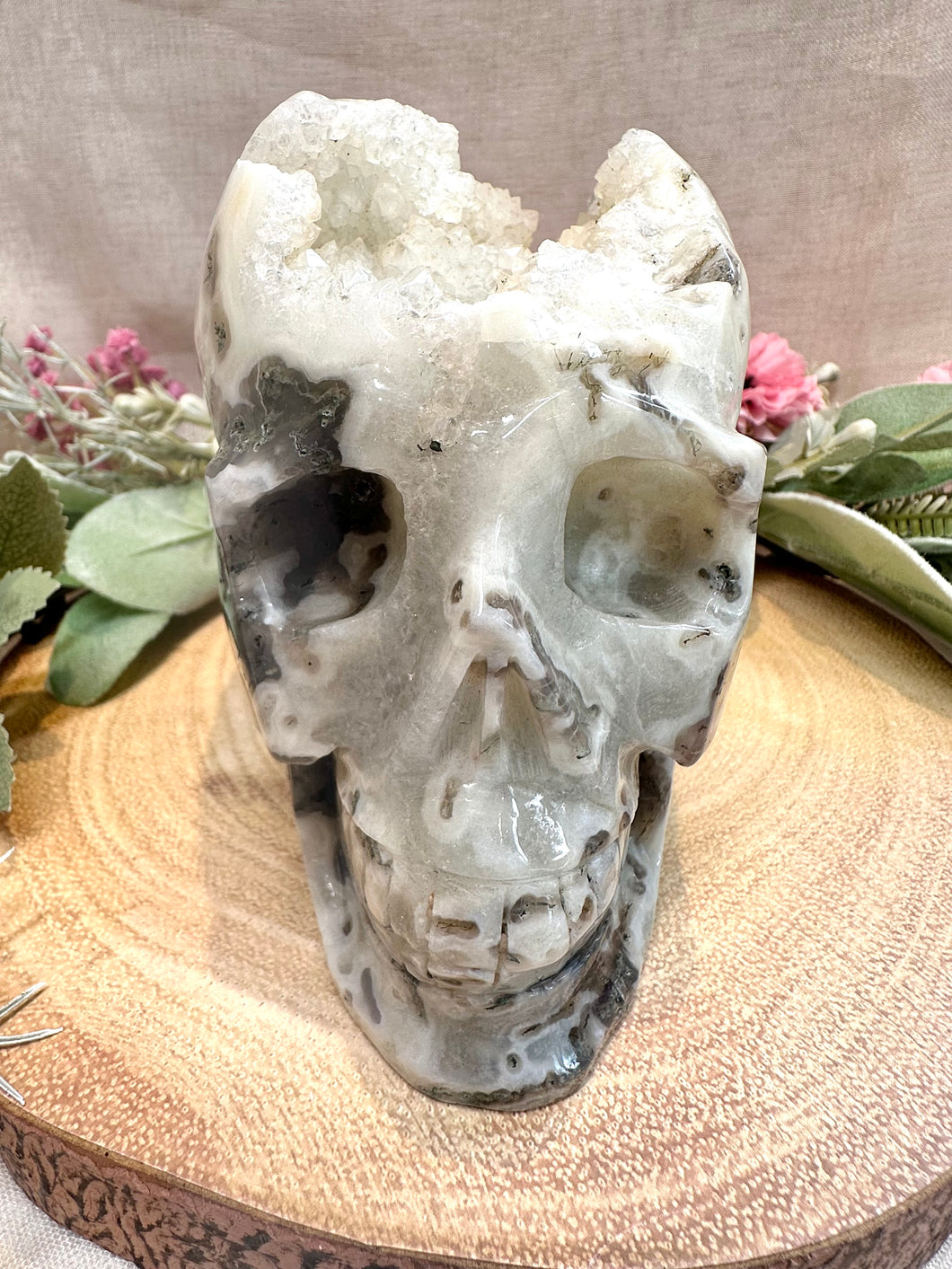 Druzy Moss Agate Skull Carving - Eugene