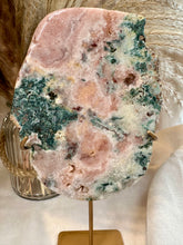 Load image into Gallery viewer, Pink Amethyst Slab with Green Jasper on Stand|Crystals from Brazil|Consciously Sourced|Crystal Decor|Natural Pink Amethyst
