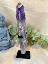 Load image into Gallery viewer, Amethyst Root in Stand|Amethyst from Brazil|Consciously Sourced|Natural Amethyst|Crystal in Stand|Statement Crystal|Hollandite Inclusions
