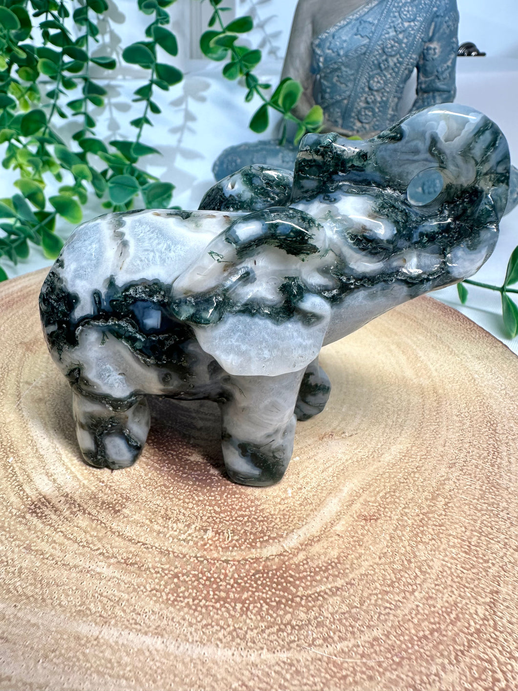 Moss Agate Elephant Carving - Mocha