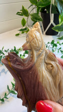 Load image into Gallery viewer, Mookaite Jasper Wolf Head with custom stand|Hand Carved
