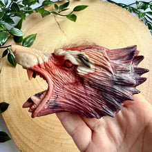 Load image into Gallery viewer, Hand Carved Mookaite Jasper Wolf Head with Custom Stand
