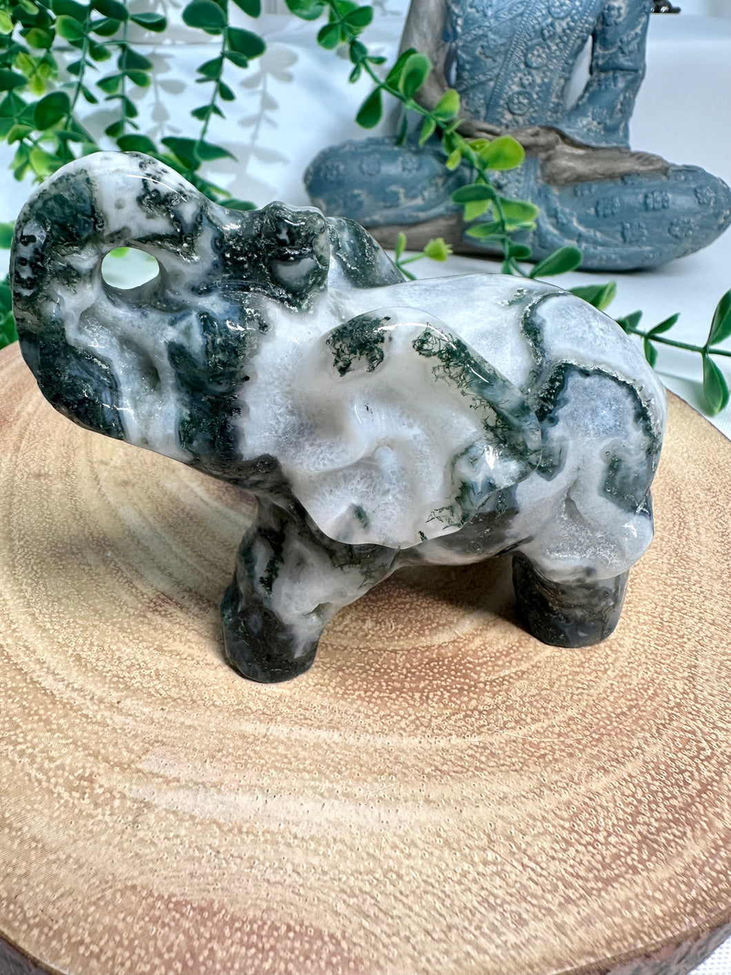 Moss Agate Elephant Carving - Bean