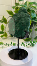 Load image into Gallery viewer, Natural Malachite with Part Polished Front on Custom Black Stand
