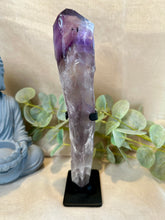 Load image into Gallery viewer, Amethyst Root in Stand|Amethyst from Brazil|Consciously Sourced|Natural Amethyst|Crystal in Stand|Statement Crystal|Hollandite Inclusions
