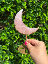 Load image into Gallery viewer, Rose Quartz Moon on Custom Gold Stand
