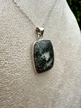 Load image into Gallery viewer, Preseli Bluestone Oblong Necklace set in 925 Silver on 18 inch Trace Chain
