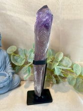 Load image into Gallery viewer, Amethyst Root in Stand|Amethyst from Brazil|Consciously Sourced|Natural Amethyst|Crystal in Stand|Statement Crystal|Hollandite Inclusions
