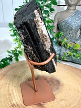 Load image into Gallery viewer, Black Tourmaline on Gold Stand from Brazil
