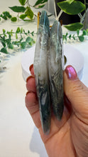Load image into Gallery viewer, Moss Agate Double Diamond on Stand
