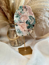 Load image into Gallery viewer, Pink Amethyst Slab with Green Jasper on Stand|Crystals from Brazil|Consciously Sourced|Crystal Decor|Natural Pink Amethyst
