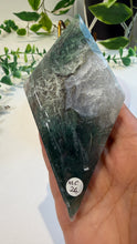 Load image into Gallery viewer, Moss Agate Double Diamond on Stand
