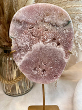 Load image into Gallery viewer, Pink Amethyst Slab on Stand|Crystals from Brazil|Consciously Sourced|Crystal Decor|Natural Pink Amethyst|Green Jasper
