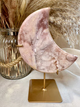 Load image into Gallery viewer, Pink Amethyst Moon on Custom Stand|Pink Amethyst from Brazil|Consciously Sourced|Moon Carving|Crystal Carving|Crystal Decor
