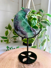 Load image into Gallery viewer, Rainbow Fluorite Moon on Custom Black Stand
