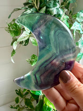Load image into Gallery viewer, Rainbow Fluorite Moon on Custom Black Stand
