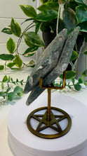 Load image into Gallery viewer, Moss Agate Double Diamond on Stand
