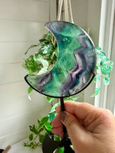 Load image into Gallery viewer, Rainbow Fluorite Moon on Custom Black Stand

