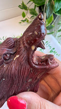 Load image into Gallery viewer, Mookaite Jasper Wolf Head with custom stand|Hand Carved
