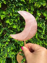 Load image into Gallery viewer, Rose Quartz Moon on Custom Gold Stand
