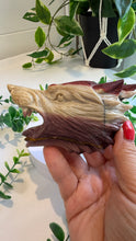 Load image into Gallery viewer, Mookaite Jasper Wolf Head with custom stand|Hand Carved
