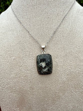 Load image into Gallery viewer, Preseli Bluestone Oblong Necklace set in 925 Silver on 18 inch Trace Chain
