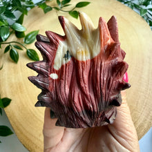 Load image into Gallery viewer, Hand Carved Mookaite Jasper Wolf Head with Custom Stand
