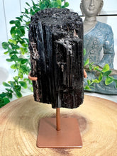 Load image into Gallery viewer, Black Tourmaline on Gold Stand from Brazil
