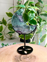 Load image into Gallery viewer, Rainbow Fluorite Moon on Custom Black Stand

