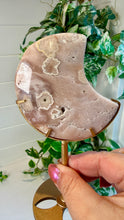 Load image into Gallery viewer, Pink Amethyst Flower Agate Moon on Custom Stand
