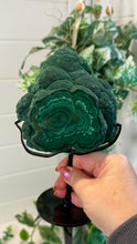 Load image into Gallery viewer, Natural Malachite with Part Polished Front on Custom Black Stand
