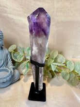 Load image into Gallery viewer, Amethyst Root in Stand|Amethyst from Brazil|Consciously Sourced|Natural Amethyst|Crystal in Stand|Statement Crystal|Hollandite Inclusions
