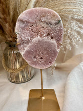 Load image into Gallery viewer, Pink Amethyst Slab on Stand|Crystals from Brazil|Consciously Sourced|Crystal Decor|Natural Pink Amethyst|Green Jasper
