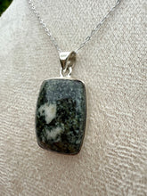 Load image into Gallery viewer, Preseli Bluestone Oblong Necklace set in 925 Silver on 18 inch Trace Chain
