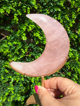 Load image into Gallery viewer, Rose Quartz Moon on Custom Gold Stand
