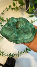 Load image into Gallery viewer, Natural Malachite with Part Polished Front on Custom Black Stand
