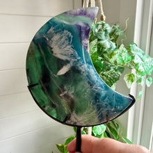 Load image into Gallery viewer, Feather Fluorite Moon on Custom Stand
