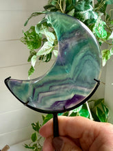 Load image into Gallery viewer, Rainbow Fluorite Moon on Custom Black Stand
