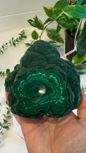 Load image into Gallery viewer, Natural Malachite with Part Polished Front on Custom Black Stand
