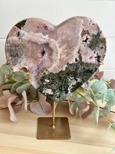 Load image into Gallery viewer, Pink Amethyst &amp; Green Jasper Heart on custom stand from Brazil|Ethically Sourced Crystal|Heart Carving|Home Decor|Crystal Decor|Custom Stand|Crystals from Brazil
