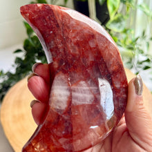Load image into Gallery viewer, Fire Quartz Moon on Custom Stand|Home Decor|Crystal Moon|Red Hematoid Quartz
