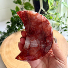 Load image into Gallery viewer, Fire Quartz Moon on Custom Stand|Home Decor|Crystal Moon|Red Hematoid Quartz
