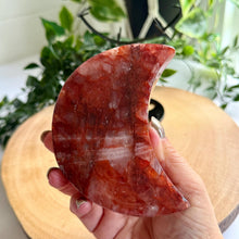 Load image into Gallery viewer, Fire Quartz Moon on Custom Stand|Home Decor|Crystal Moon|Red Hematoid Quartz
