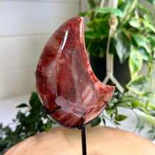 Load image into Gallery viewer, Fire Quartz Moon on Custom Stand|Home Decor|Crystal Moon|Red Hematoid Quartz
