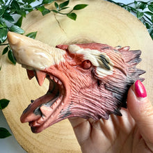 Load image into Gallery viewer, Hand Carved Mookaite Jasper Wolf Head Sculpture on Stand
