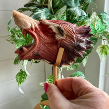 Load image into Gallery viewer, Hand Carved Mookaite Jasper Wolf Head Sculpture on Stand
