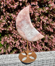 Load image into Gallery viewer, Pink Amethyst with Quartz Moon on Gold Custom Stand|Home Decor|Crystal Collection Piece
