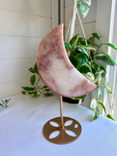 Load image into Gallery viewer, Pink Amethyst with Quartz Moon on Gold Custom Stand|Home Decor|Crystal Collection Piece
